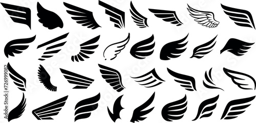 Wing vector collection, black wings silhouettes on white, ideal for logo, tattoo, sticker, decal design. Angel, bird, eagle wing illustrations, isolated, unique, bold, distinct, intricate details