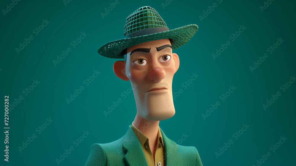 A trendy and stylish cartoon character wearing a fedora and an emerald green blazer in a captivating 3D headshot illustration. This charming illustration is perfect for adding a touch of sop