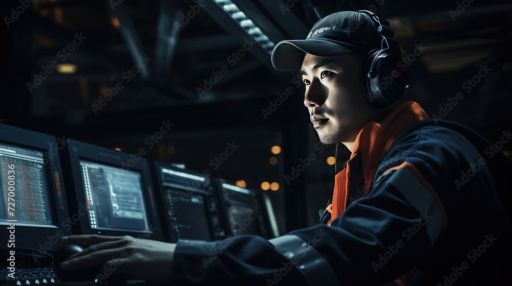 Operator at a console in an industrial setting, reflecting the precision and critical nature of technical operations in fields such as manufacturing, quality control, or systems monitoring. Operator at a console in an industrial setting, reflecting the precision and critical nature of technical operations in fields such as manufacturing, quality control, or systems monitoring.