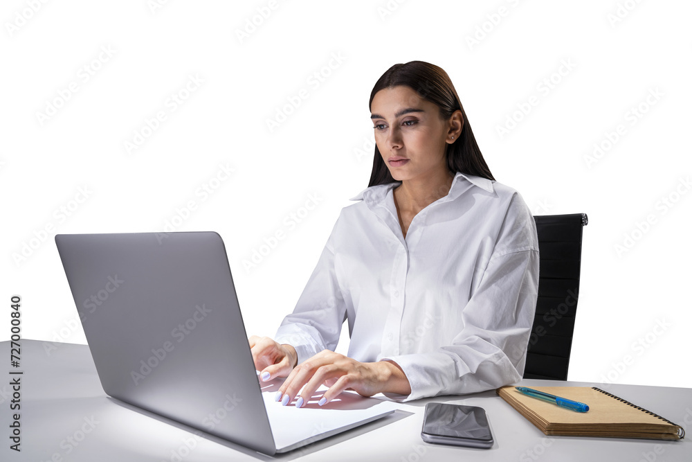 Concentrated young professional typing on laptop, organized desk in office setting Concentrated young professional typing on laptop, organized desk in office setting