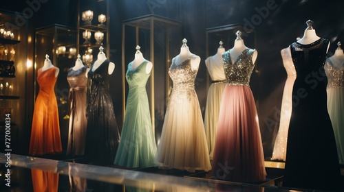 High-fashion evening gowns displayed in a chic boutique, with a warm glow highlighting their elegance and design, perfect for fashion industry marketing, boutique promotions, or design inspiration. photo