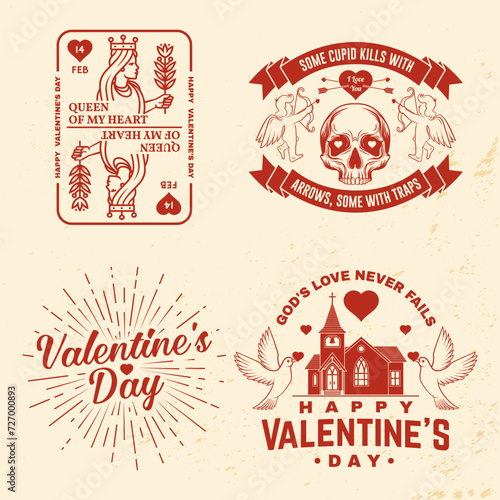 Set of vintage happy valentines day badge. Vector illustration. Template for Valentines Day greeting card, banner, poster, flyer with red church, doves, playing card queen, skeleton hand holding a