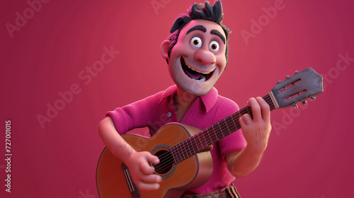 A lively and animated cartoon character  this 3D headshot illustration features a talented man with a guitar  exuding creativity and passion. He wears a stylish magenta shirt  making him a s