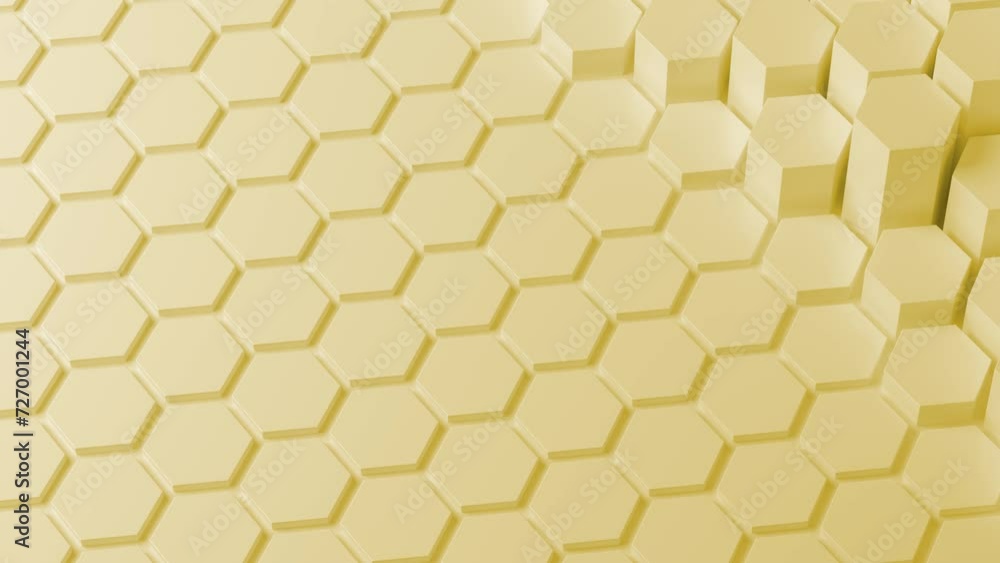 Yellow hexagon honeycomb shapes matte surface moving randomly. Bright 3D animation of a seamless loop of hexagon beehive. Template for documents, reports and presentations Yellow hexagon honeycomb shapes matte surface moving randomly. Bright 3D animation of a seamless loop of hexagon beehive. Template for documents, reports and presentations