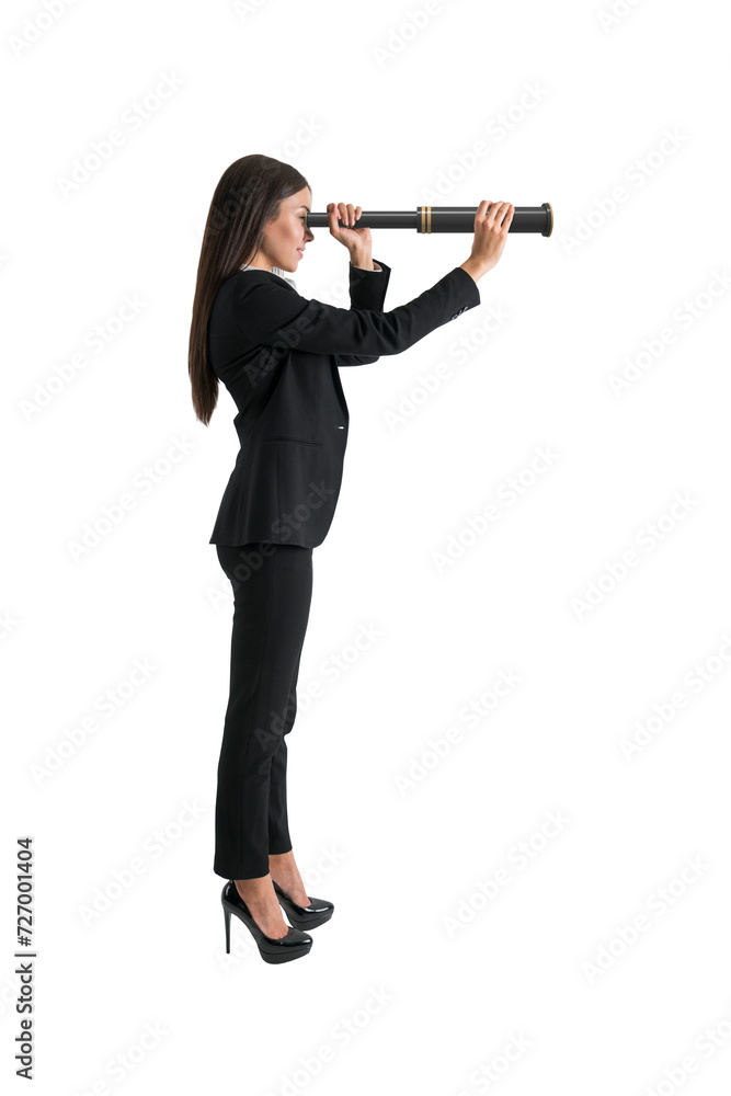 Female professional looking through a telescope, representing search for opportunities Female professional looking through a telescope, representing search for opportunities