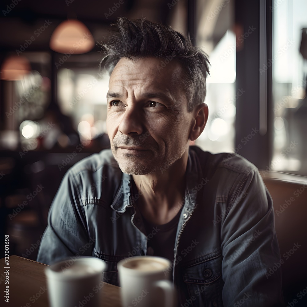 A close-up portrait of a man in a coffee shop A close-up portrait of a man in a coffee shop