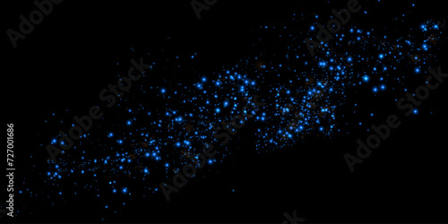 Bokeh  dust sparks and blue stars shine with special light. Vector sparks on black background. Christmas light effect. Sparkling magic dust particles. 