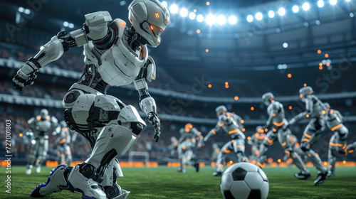 Futuristic autonomous robots engaged in a football match in a high-tech sports arena, showcasing agility and coordination. © Mickey