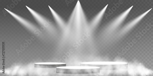 Dark stage podium on transparent background, neon light from spotlight, empty dark stage and studio room with floating smoke. For product demonstrations.	