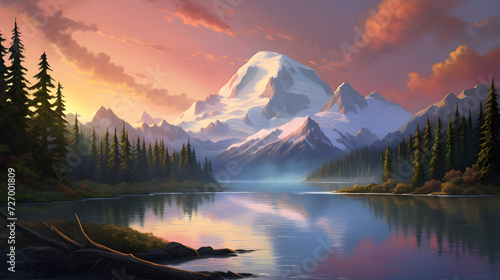 Fotografia A painting of a mountain lake with a mountain in the background,,The landscape o