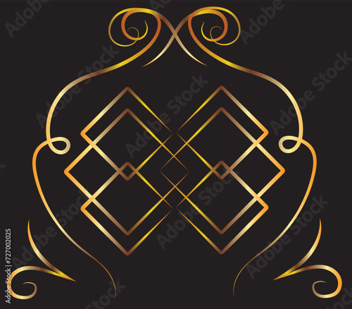 Fantasy ornament with curls, rhombuses. Gold gradient on a black background for printing on fabric, applique and cards.