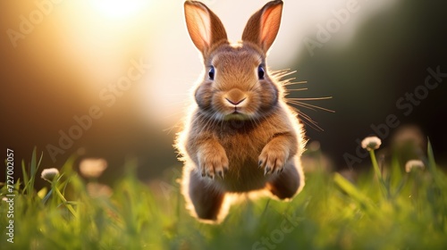 A cute little fluffy rabbit is jumping in a green meadow. Spring flower meadow. Easter holiday. © Cherkasova Alie