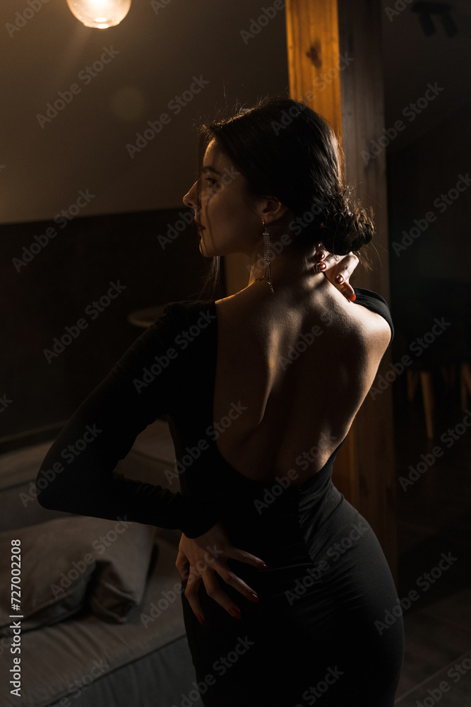 Elegant woman in a black dress posing in an apartment. Fashion shooting concept Elegant woman in a black dress posing in an apartment. Fashion shooting concept