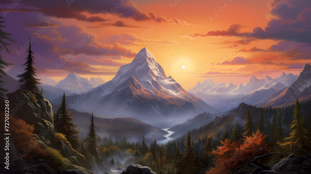 Painting of a mountain scene with a waterfall and a waterfall ,,
An awe-inspiring wall art mural depicting a vast and breathtaking mountain landscape, capturing the majestic beauty of nature

