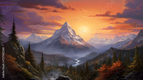 Painting of a mountain scene with a waterfall and a waterfall    An awe-inspiring wall art mural depicting a vast and breathtaking mountain landscape  capturing the majestic beauty of nature 