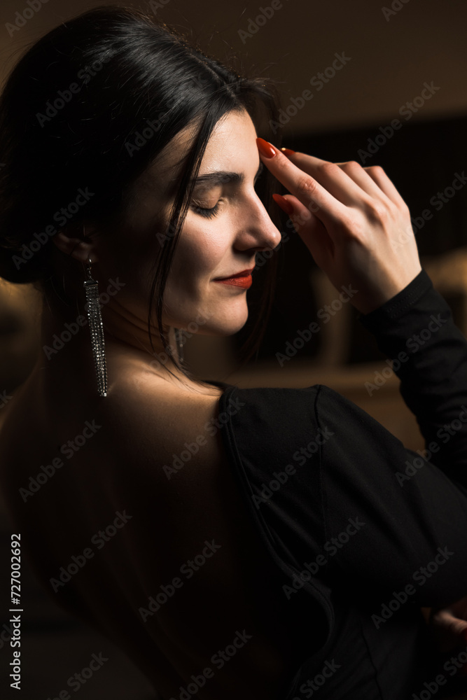 Elegant woman in a black dress posing in an apartment. Fashion shooting concept Elegant woman in a black dress posing in an apartment. Fashion shooting concept