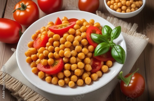 Chickpeas with tomatoes and sweet peppers, on a beautiful plate, vegetarianism, wooden table 