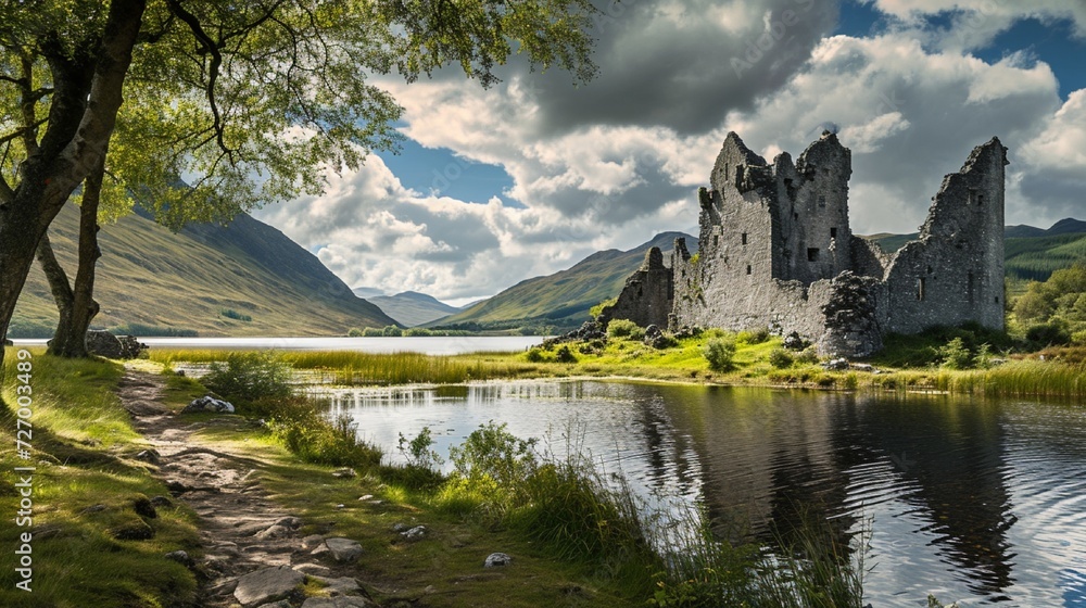 Panorama of the ruins of Kilchurn castle on Loch Awe, the longest fresh water loch in Scotland