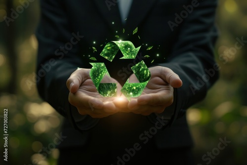 Businessman holds circular economy concept icon for future business growth and environment for business and environment.