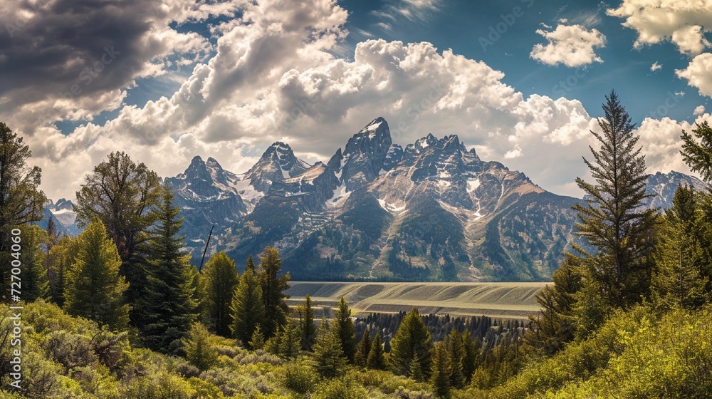 Panoramic view of Grand Teton range in Grand Teton National Park. Grand Teton National Park is in Wyoming, USA. Also, Grand Teton range is a range of mountains part of the US Rockies