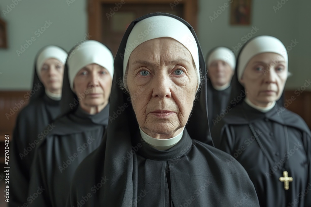 nuns looking at camera of Servants of God standing in front of church