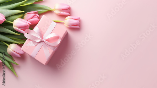 Gift box & tulip flower top view copy space pink background greeting card.