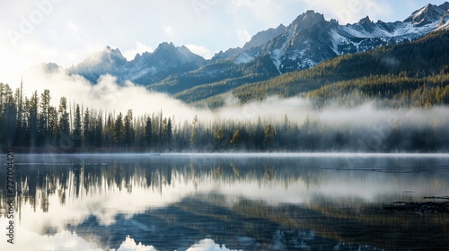 Reflection of Sawtooth Mountains on Red Fish Lake on foggy morning, Stanley, Idaho.