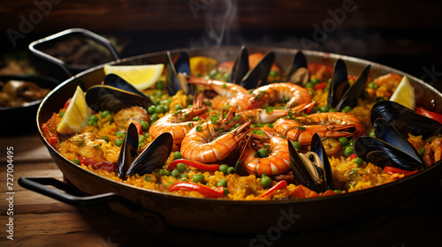 Spanish seafood paella close-up view