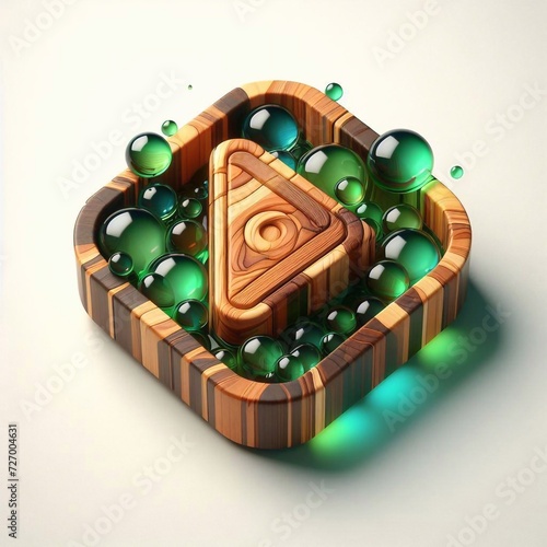 Play button made of Wood blent with green glass. AI generated illustration photo