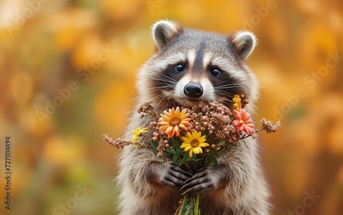 An array of flowers in a flower field is held in the paws of a smirking lemur and space, Generative AI.