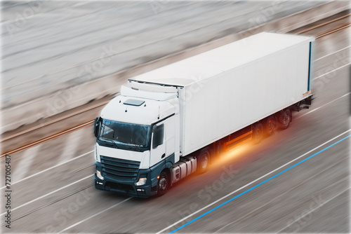 Cargo Truck On The Road In High-Speed Motion. International Logistics Shipping Delivery Concept. Speed Restriction Control Violation