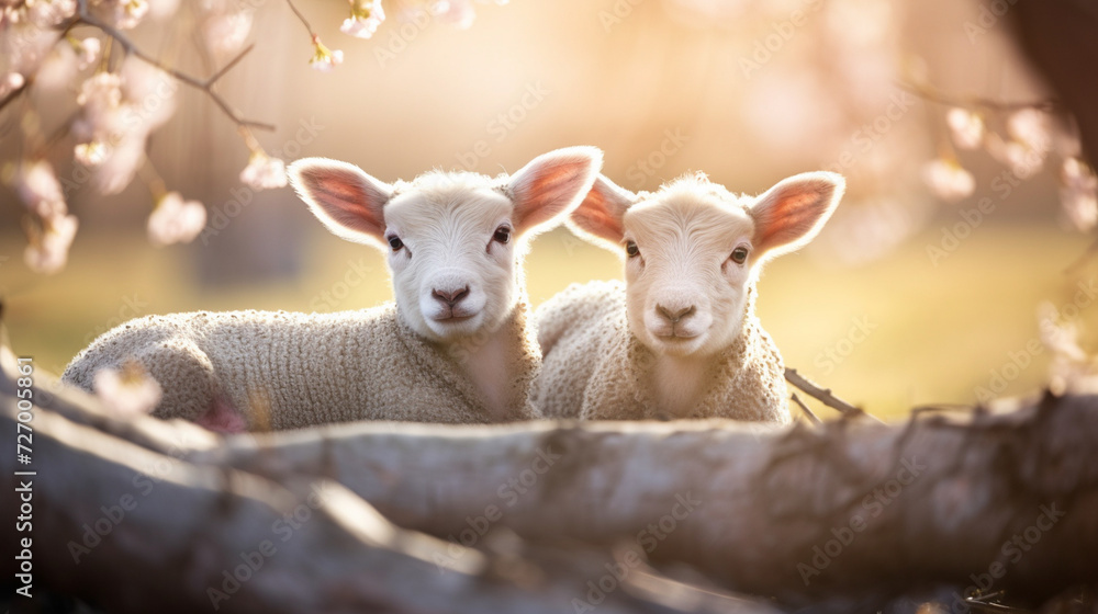 with two cute little lambs sitting in a meadow with yellow flowers: