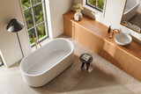 Top view of beige hotel bathroom interior with tub, sink and panoramic window