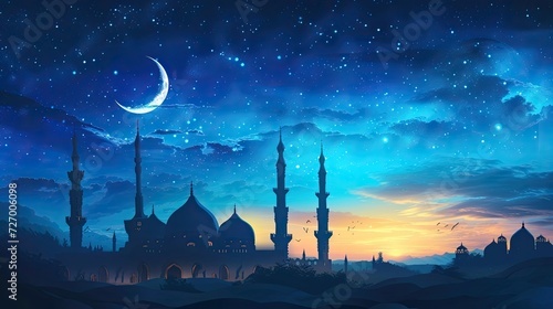 Starry Ramadan Night Over Silhouetted Mosque and Crescent Moon