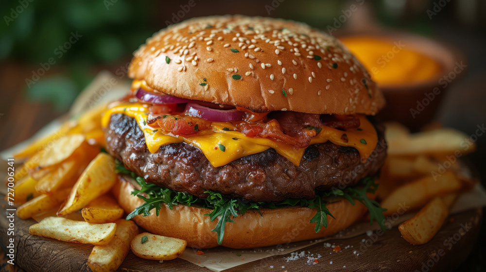 Close up view of delicious cheeseburger. Fast food concept. Close up view of delicious cheeseburger. Fast food concept.