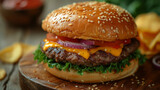 Close up view of delicious cheeseburger. Fast food concept.