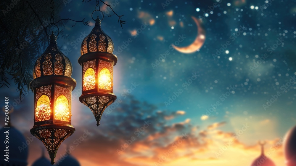 Celebratory Illuminated Lanterns Against Evening Sky During Ramadan Celebratory Illuminated Lanterns Against Evening Sky During Ramadan