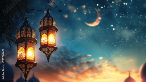 Celebratory Illuminated Lanterns Against Evening Sky During Ramadan © Tasnim