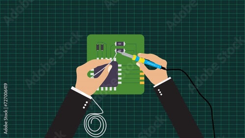 Man-hand soldering electrical circuit board animation, PCB designing