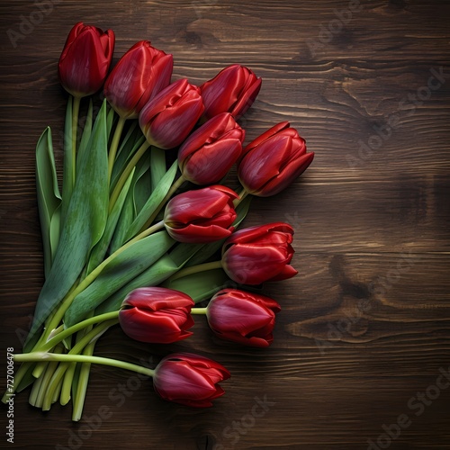 Red Tulips on Wooden Background
