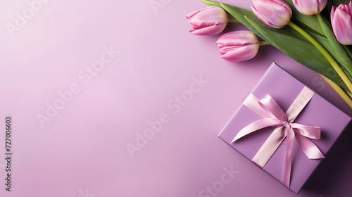Gift box & tulip flower top view copy space pink background greeting card.