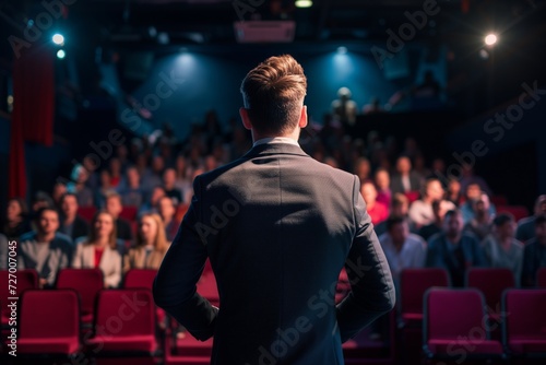 a male motivational speaker or a stand-up comedian presenting his speech in front of an audience in a microphone in a dark club or concert hall venue with red seats and selective lighting
