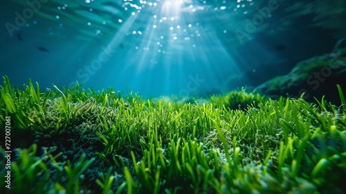 An underwater picture of a patch of green seagrass on the floor of the ocean with space  Generative AI.