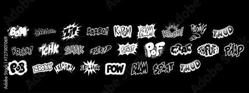 Set of comics bombs and explosions. Speech bubbles with words splash, bam, crack, pow, boom, crash and bang. Design elements for print. Cartoon flat vector collection isolated on white background
