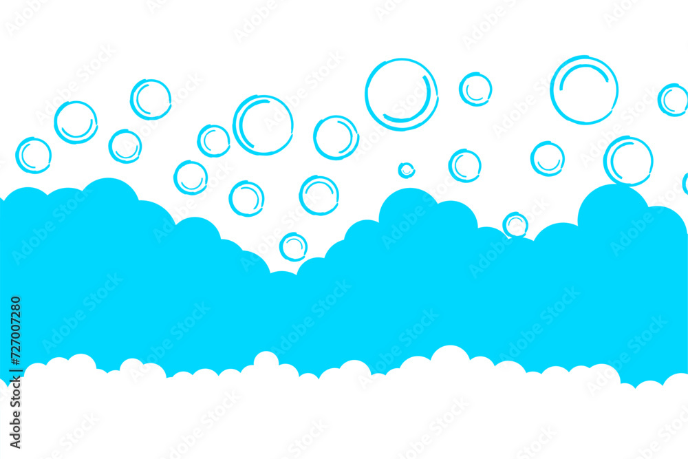 Soap bubbles on blue background. The foam expands over the water in a circle. Vector illustration