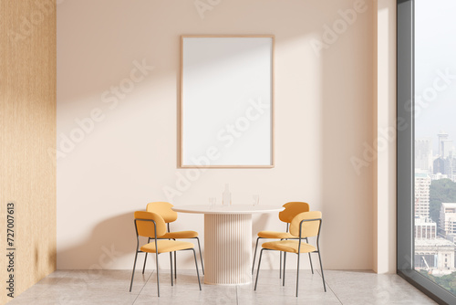 Beige home living room interior with table and chairs  window. Mockup frame