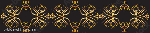 Fancy vertical graphic ornament with swirls, rhombuses. Seamless illustration. Gold gradient on a black background for printing on fabric, applique and cards.