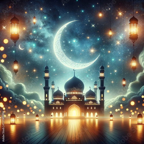 Beautifull Islamic mosque with moon stars lanterns at night Ramadan kareem Eid Mubarak greeting 2