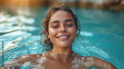 Portrait of happy young woman relaxing in swimming pool. Woman standing in pool of luxury holiday resort