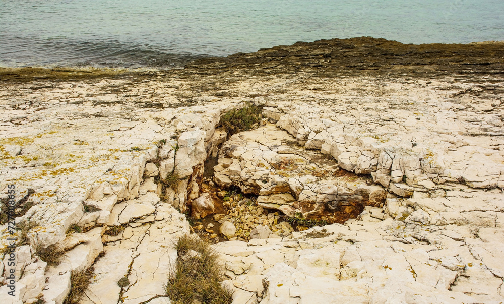 The rugged limestone landscape of the Kamenjak National Park on the Premantura peninsula in Medulin municipality, Istria, Croatia. December The rugged limestone landscape of the Kamenjak National Park on the Premantura peninsula in Medulin municipality, Istria, Croatia. December